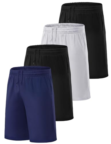ATTIQOZI 4 Pack Kinder Shorts Jungen Workout Sport Freizeit Kurze Hose Atmungsaktive Weich Jungen Shorts für Basketball Fußball Laufen Sc/Grau/Sc/Dunkelblau L