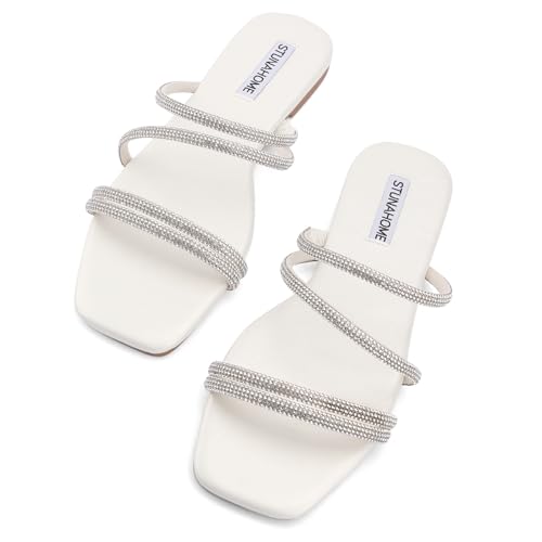 Image of STUNAHOME Women's Rhinestone Thong Flat Sandals Open Toe Slide Sandals with Square Toe Bling Strap