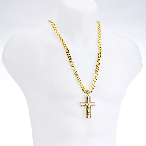 metaltree98 NEW Men's 14K Gold & Silver Plated Iced Cross Jesus Pendant 30" Heavy Cuban Chain Necklace HC 6010 (Gold)3