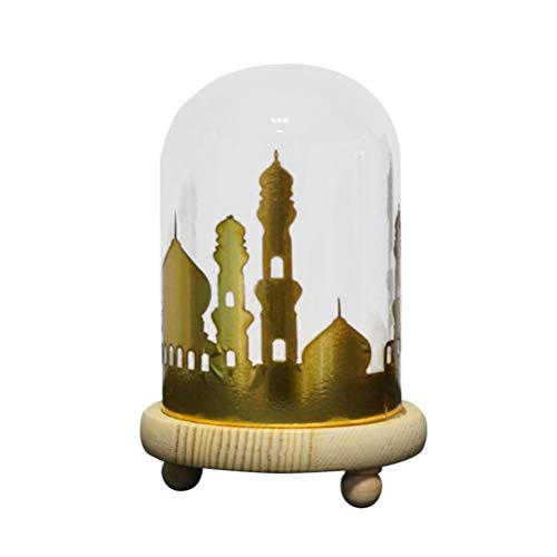 Uonlytech Mosque LED Glass Dome Lamp with Wooden Base Table Night Light Jar Light Gift Party Festival Holiday Home Decor for Table Bedroom Desktop (Yellow)