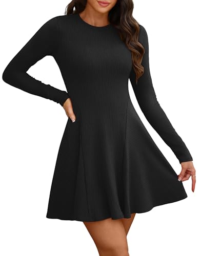 OFEEFAN Sweater Dress for Women Fall 2025 Long Sleeve Crew Neck Ribbed Knit Fit and Flare A-Line Dresses3