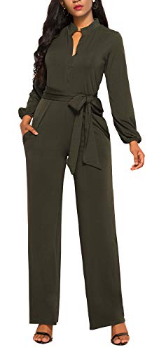 Women's Jumpsuits for Business Elegant V Neck Zipper Long Sleeve Sexy Decorative Strap Straight Long Pants Rompers with Pockets
