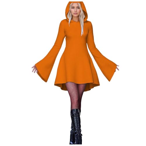 Generisch Damen Halloween Print Kapuzen Cosplay Kleid Langarm Langes Kleid (Orange, L)