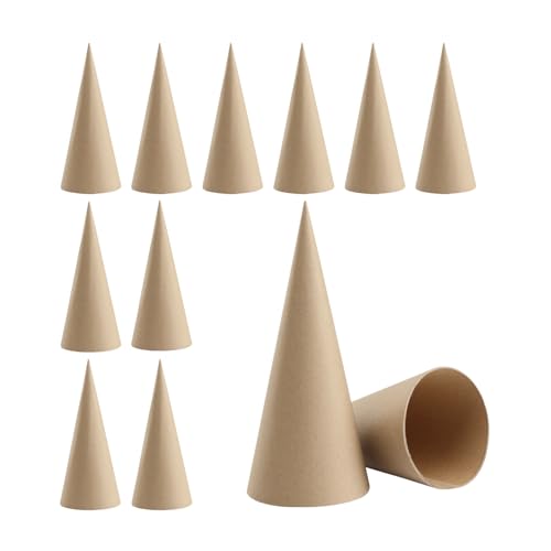 Kcgani 12 Pcs Paper Mache Cones, Extra Thick Cardboard Craft Cones with Open Bottoms, Pre-Made Cardboard Papier Mache Cones for DIY Trees Crafting Dolls Holiday Angels Decorations, 3.9