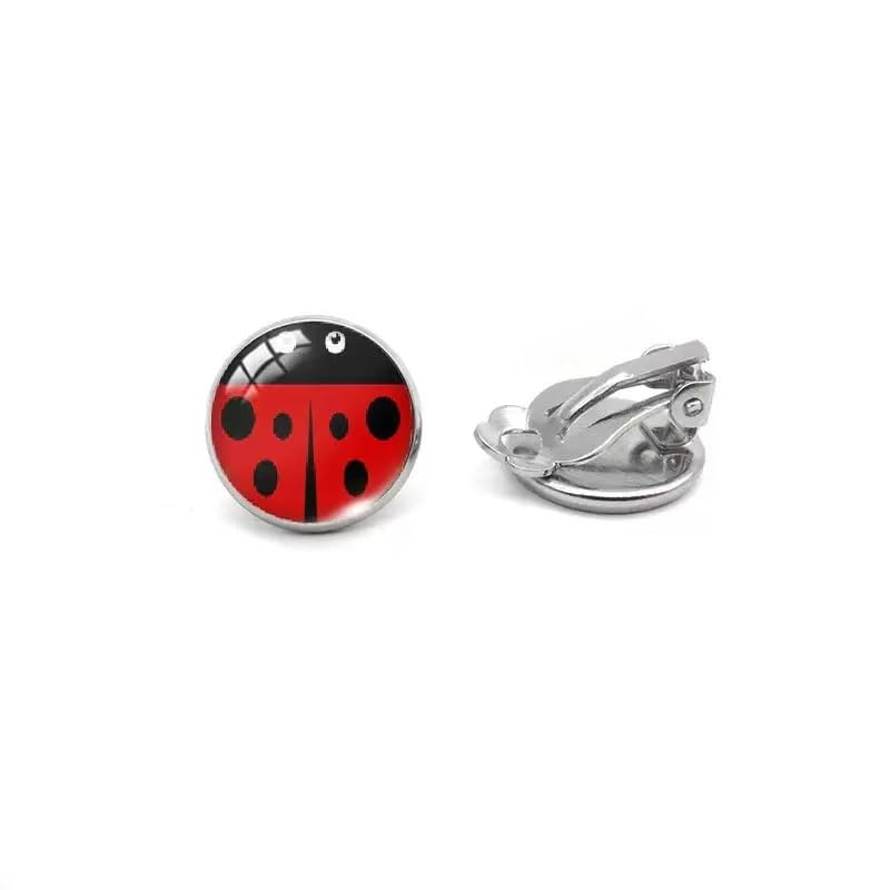 Ladybug Earrings Clip on Earrings No Pierced Ladybird Design Jewellery with Silver Ear Cuff Black Spot Red Charm for Girl woman Cosplay Ear Hoop