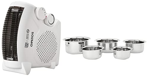 Image of Amazon Brand - Solimo 2000-Watt Room Heater (ISI certified, White colour, Ideal for small to medium r & Stainless Steel Tope Set (5 pieces, 425ml, 550ml, 850ml, 1250ml and 1500ml, In Combo