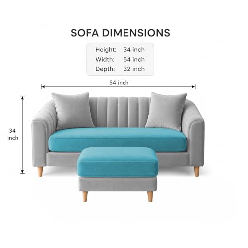 Image of GRAPEWOOD Doraldo 2 Seater Sofa Set with Ottoman for Living Room (Turquise Grey) Premium Fabric Sofa