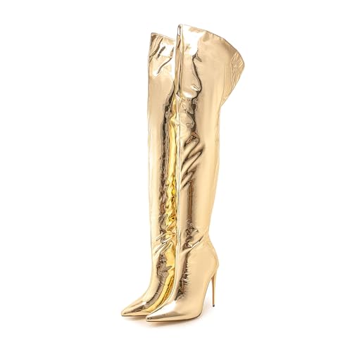 Image of Thigh high boots for women striped Back zipper Burgundy Zebra Print Over the knee Sexy gold white pointed toe Cow Print leopard Magenta stiletto heel