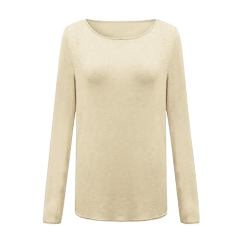 Camisetas básicas de manga larga con cuello redondo para mujer, suaves, ligeras, de mezcla de algodón, versátiles, color liso, para uso casual y de oficina, beige, XXL