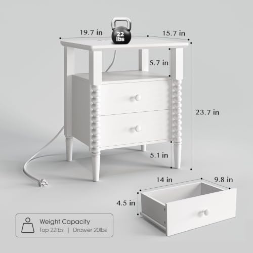 Image of JOINICE White Nightstand with Charging Station, Jenny Lind Spindle Style | Bedside Table for Bedroom, Living Room, Kids Room, End Table with 2 Large Drawers Solid Wood Legs, Easy Assembly