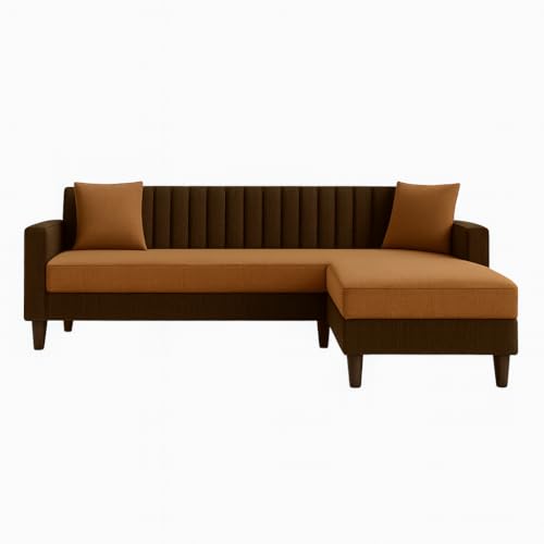 Image of FURNY Grovila Fabric 4 Seater Convertiable L Shape Sofa Set 3 Seater Modern Sofa Set & Ottoman for Living Room (Brown-Camel) with Velvet Fabric | Durable Comfort | Modern Design |