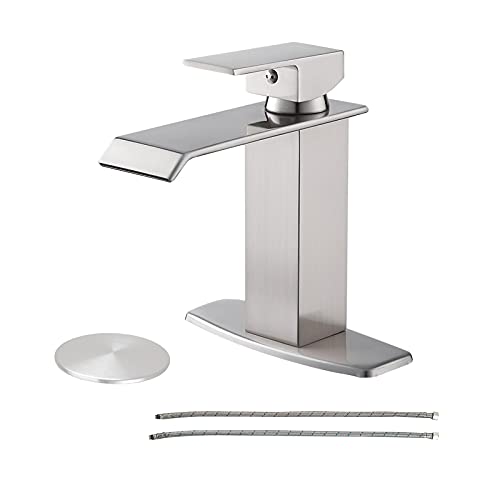 Single-Hole Deck-Mounted Bathroom Sink Faucet Single Hole Bathroom Tap Faucet Bath Vanity One Handle Waterfall Brushed Nickel Sink Lavatory Basin with Pop Up Drain Overflow Mixer Tap