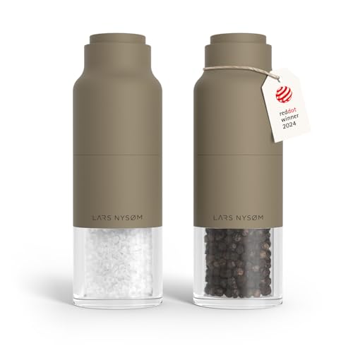 Image of LARS NYSOM Salt and Pepper Grinder Set, Stainless Steel Manual Salt and Pepper Mills, Adjustable Ceramic Grinder, Design Spice Shakers (Taupe Brown)