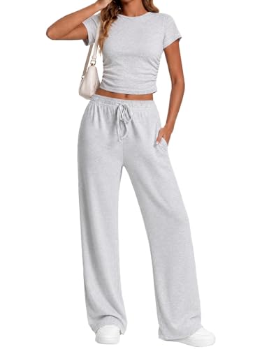 LanGui 2 Piece Lounge Sets for Women Summer Vacation Beach Travel Airport Outfits Casual Cruise Fashion 2026 Side Ruched Top and Wide Leg Pants Oatmeal Grey M