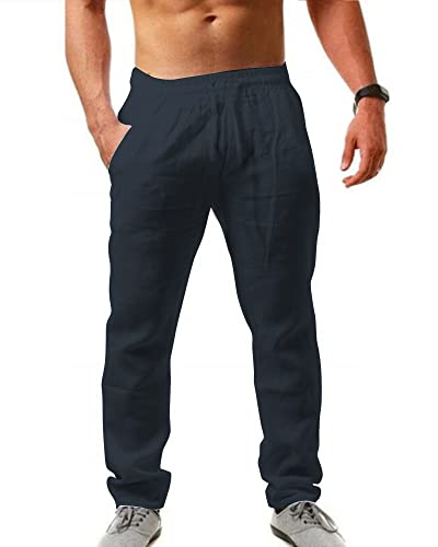 AUDATE Herren Hose Lang Strandhose Leichte Loose Sommerhose Baumwollhose Marine M