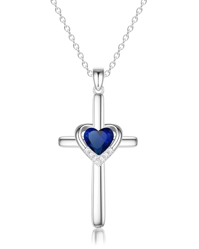 Cross Necklace with Genuine Heart Birthstone for Women, Love and Faith, Birthday Gifts for Her