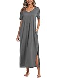 Marvmys Women Nightgown Cotton Long Sleepwear Dress Casual Short Sleeve Maxi Nightshirts Dark Grey M