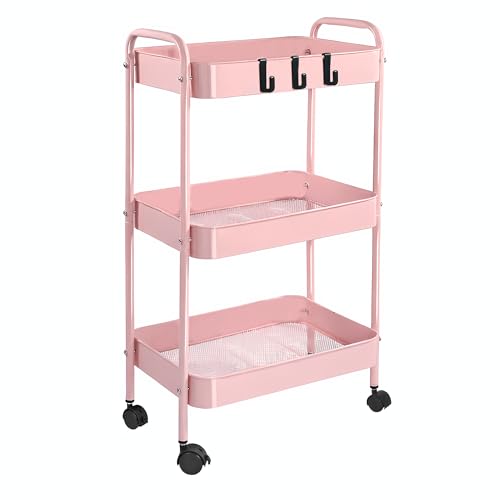 ピンク 3段 キャスター付きワゴン 幅45cm×奥行30cm×高さ69cm 多用途 キッチン コンパクト収納 省スペース スリム 移動式 引出し付き ランドリー 洗面所 隙間収納 ベビー オフィス スチールラック 収納ワゴン キャスター付きラック