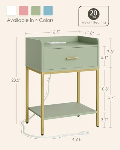Image of Masupu Nightstand with Charging Station,3-Tier Modern Bedside Night Stand with Storage Drawer and Shelf,Small End Side Table for Bedroom,Living Room,Gold and Green