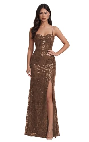 zoteno Brown Sweetheart Mermaid Prom Dress Long for Teens 2026 Spaghetti Straps Split Corset Sequin...