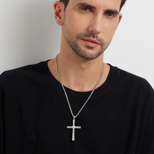 Large Cross Necklace for Men 316L Stainless Steel Cross Pendant Jesus Christ Cross Jewelry White/Gold/Black, with Rolo Chain 22/24/26 Inch2