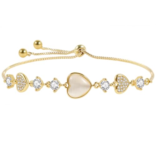 Dainty Adjustable 14K Gold Plated Heart Link Chain Bracelet for Women