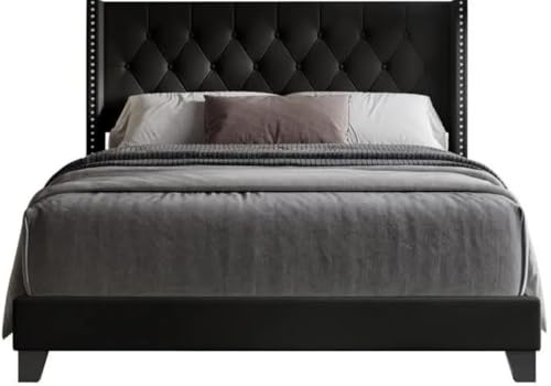 Image of Custom Decor Fabric Upholstered King Size Bed with Button Tufted Headboard for Bedroom || Solid Wood Bed | (Black Waylen, King (U.K. Standard))