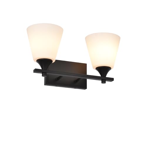 Image of Black Bathroom Vanity Light Fixtures, 2 Lights Traditional Vanity Lighting Fixture with Opal Glass Shade, Porch Wall Mount Light Fixture for Bathroom, Mirror Cabinets Hallway Stairs, Matte Black