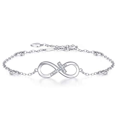 BlingGem Cross Ankle Bracelet for Women 925 Sterling Silver Round Cubic Zirconia Infinity Faith Dainty Religious Cross Summer Beach Anklet for Women Girls