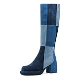 miss left Women Platform Knee High Boots Closed Round Toe Mid Chunky Heels Patchwork Winter Fall Boot Side Zip Dressy Daily Casual Party Walking Shoes Size 10.5 Denim Multi