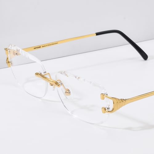 Image of HEPIDEM Vintage Style Rectangular Rimless Metal Eyeglasses for Men,New Frameless Zircon Diamonds Optical Glasses Frame