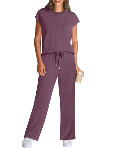Image of WIHOLL 2 Piece Sets for Women Casual Summer Travel Vacation Outfits Cap Sleeve Lounge Set