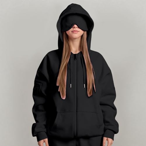 Hoodie with Eye Mask Built In,Zip Up Comfort Airplane Mode Travel Hoodies with Hidden Pockets for Adults Men Women3