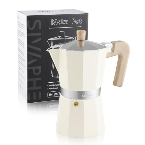Sivaphe Aluminum Moka Pot 9 Espresso Cups, Percolator Espresso and Coffee Maker, Portable Stovetop Italian and Cuban Café Brewer for Home and Camping White