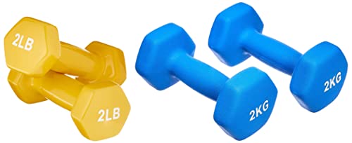 Image of AmazonBasics Vinyl 2 Pound Dumbbells - Set of 2, Yellow & Neoprene Dumbbell Pair, 2 x 2Kg