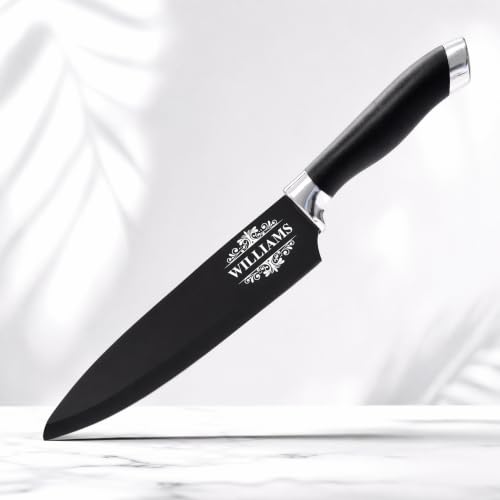 Image of Custom Engraved Black Kitchen Chef Knife- Razor-Sharp, Ultra-Light Blade with Artwork, Blade Cover & Red Velvet Gift Box - Personalized with Last Name, Premium Gift for Home Cooks and Chefs