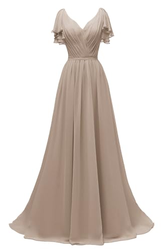 Image of Yexinbridal Ruffle Sleeves Bridesmaid Dresses V-Neck Chiffon Long Formal Wedding Evening Party Gowns for Women