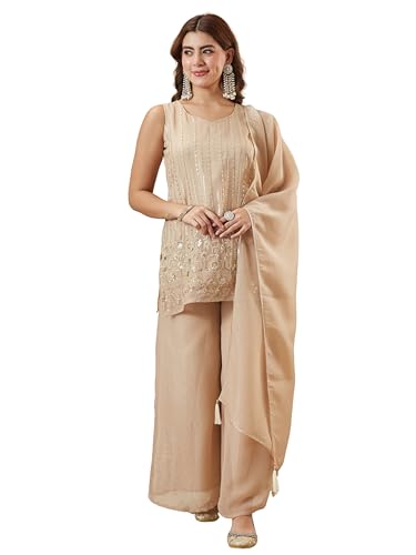 Image of MOKOSH Women's Silk Embroidery Kurta Sharara with Dupatta | Kurta Set | Embroidered |Ethnic Wear |Indian Kurta Outfit with Sharara | 3 Piece Outfit