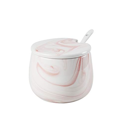 Ceramic sugar bowl with pink and white marble design