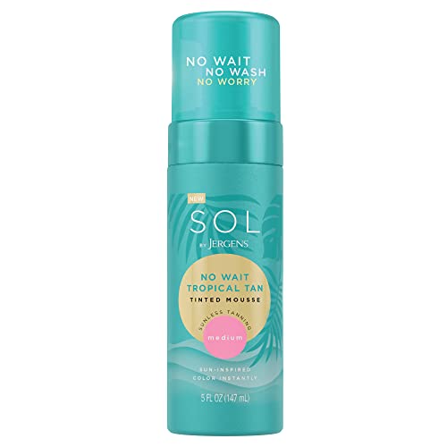 Sol by Jergens, Instant Sunless Self Tanner Mousse, No Wait Tropical Tan Medium Color, No Transfer, 5 Minute Tan, Medium, Cruelty Free, Vegan, Suitable for Sensitive Skin, 5 Oz