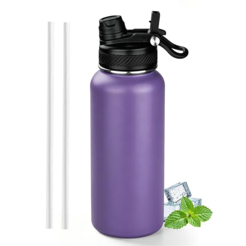 Image of 32 oz Insulated Water Bottle with Leak-proof 2-in-1 Straw and Spout Lid,Stainless Steel Sports Water Bottle with Handle,Double Wall Vacuum Metal Water Flask for Travel Camping School(Purple,1)