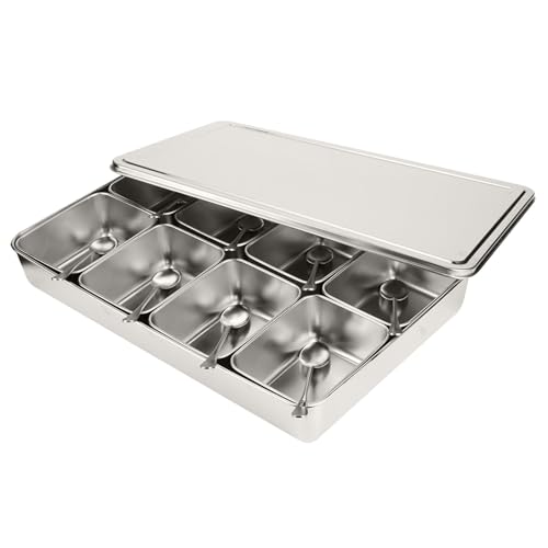 Organizador de especias de metal de alta calidad, 8 compartimentos, caja de almacenamiento de especias plateada, contenedor esencial para hierbas, condimentos y especias, diseño duradero y elegante