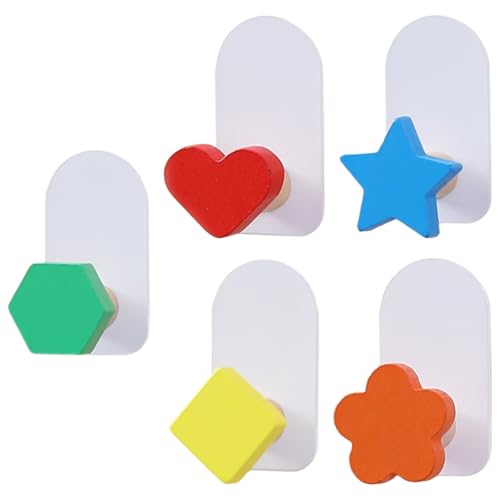 OKUMEYR Ganchos Metálicos Coloridos para Ropa Infantil 5 Unidades sin Perforación Base de Madera Maciza, Colgador Adhesivo para Dormitorios y Baños Varios estilos