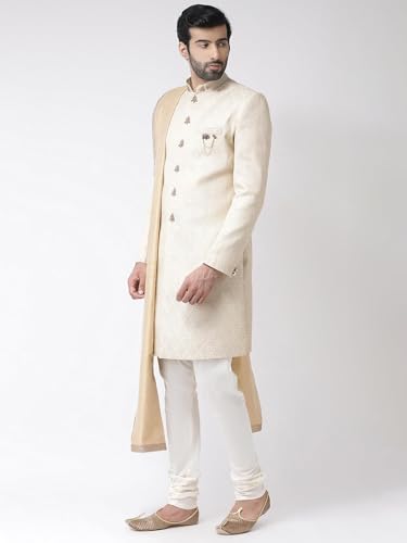 Kisah Men's Indo-Western Sherwani Churidar With Dupatta Set, Cream Brocade Woven Design Regular Fit Mandarin Collar Full Sleeves (L)