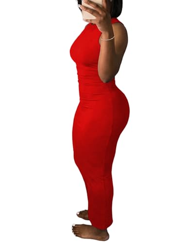 Image of Ulovmi Women's Maxi Bodycon Summer Dress Long Formal Ruched Sundress Elegant Casual Tank Sleeveless Dress Party Cocktail