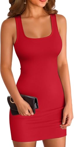 ELFIN Sommerkleid Damen Bodycon Kleid Gerippt Kurz Minikleid Quadratischer Ausschnitt Tank Kleid Slim Party Club Kleid Sommer Freizeitkleid Eng (S,...