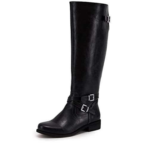 Ermonn Womens Knee High Boots Wide Calf Flat Low Heel Side Zipper Faux Leather Fashion Winter Riding Boot Cover