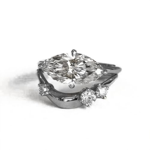 Full Moissanite 1CT Marquise Cut 2pcs Ring Sets S925 Sterling Silver Contoured Band Asymmetric 3 Stones Stackable Bridal Women