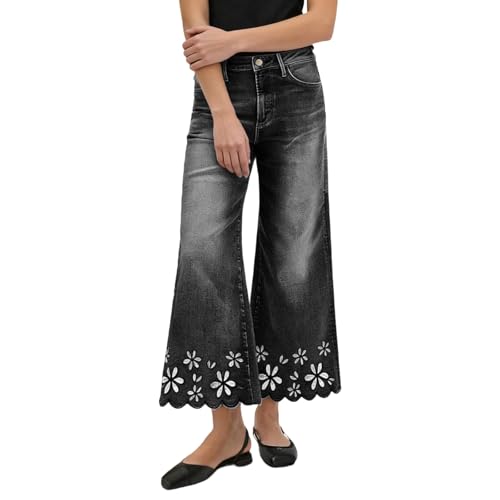 Pantalones vaqueros de mujer transpirables con diseño capri de pierna ancha 4
