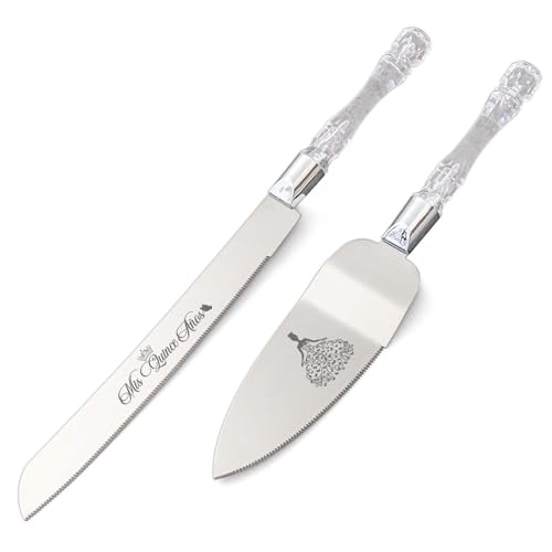 Silver cake knife and server set with crystal-look handles